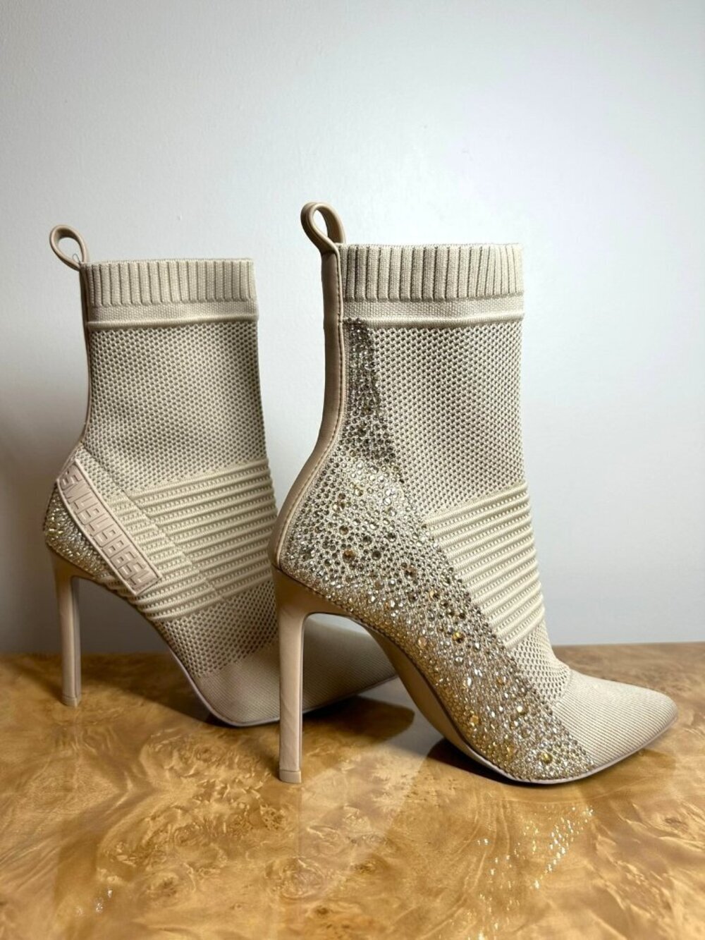 Steve Madden Maxwelle Rhinestone Knit Sock Boots Beige Stiletto 8 M